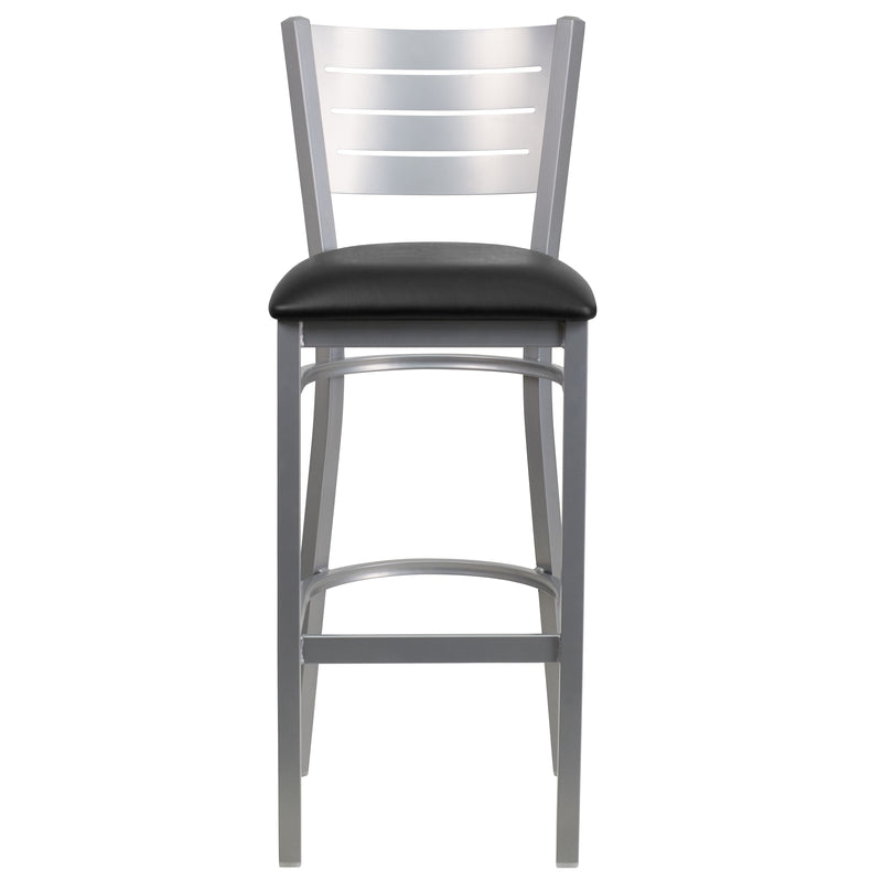 SINGLEWAVE Series Silver Slat Back Metal Restaurant Barstool - Black Vinyl Seat