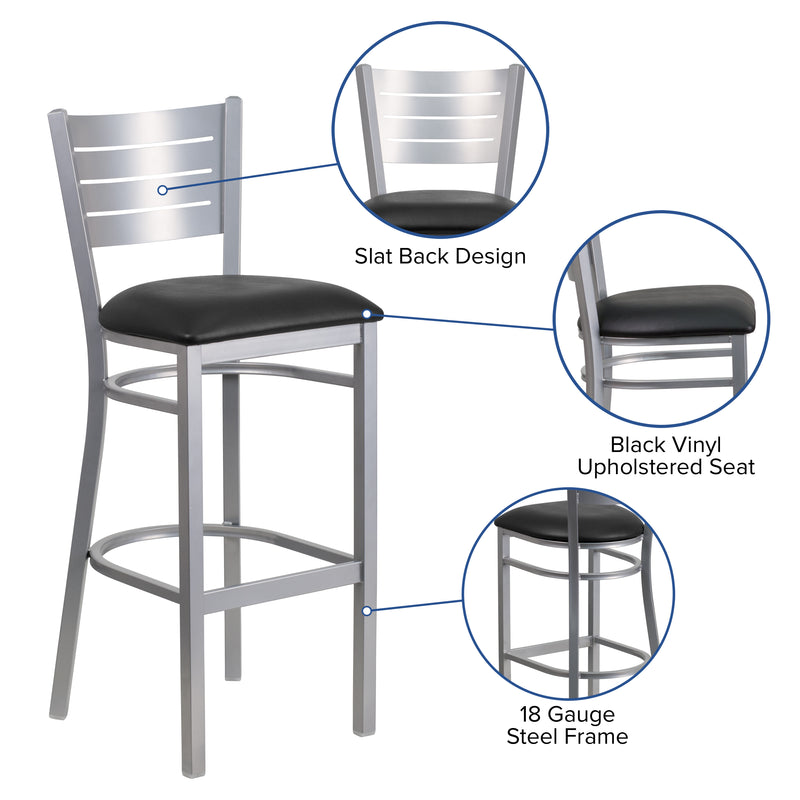 SINGLEWAVE Series Silver Slat Back Metal Restaurant Barstool - Black Vinyl Seat