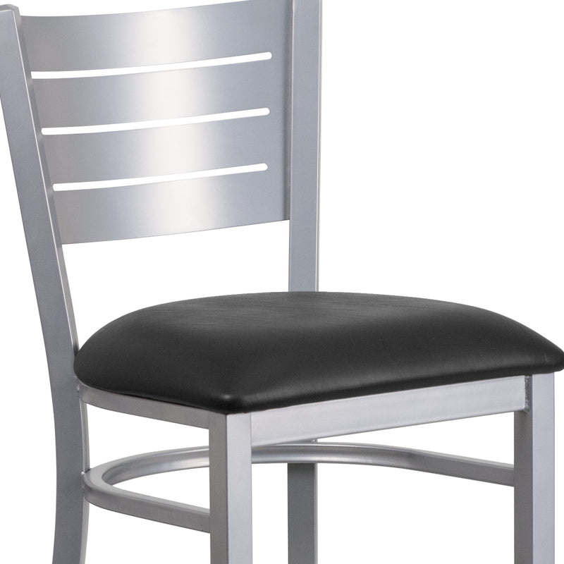 SINGLEWAVE Series Silver Slat Back Metal Restaurant Barstool - Black Vinyl Seat