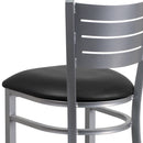 SINGLEWAVE Series Silver Slat Back Metal Restaurant Barstool - Black Vinyl Seat