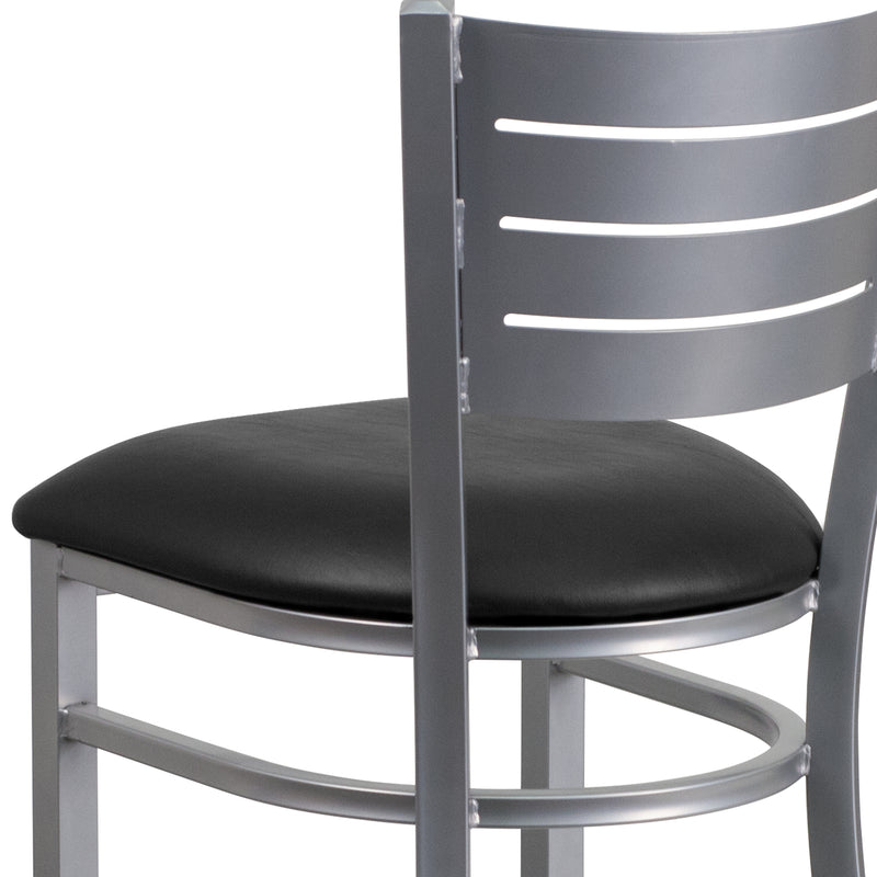 SINGLEWAVE Series Silver Slat Back Metal Restaurant Barstool - Black Vinyl Seat