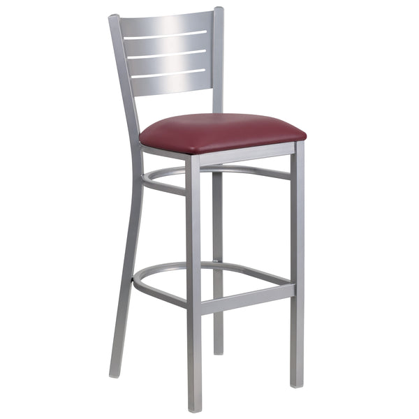 SINGLEWAVE Series Silver Slat Back Metal Restaurant Barstool - Burgundy Vinyl Seat