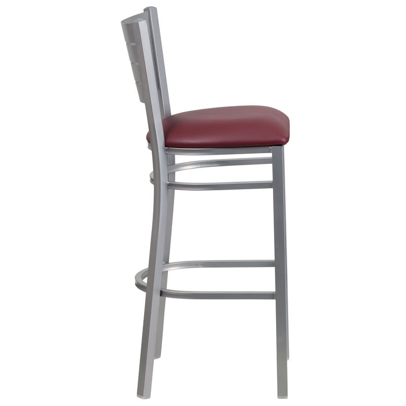 SINGLEWAVE Series Silver Slat Back Metal Restaurant Barstool - Burgundy Vinyl Seat