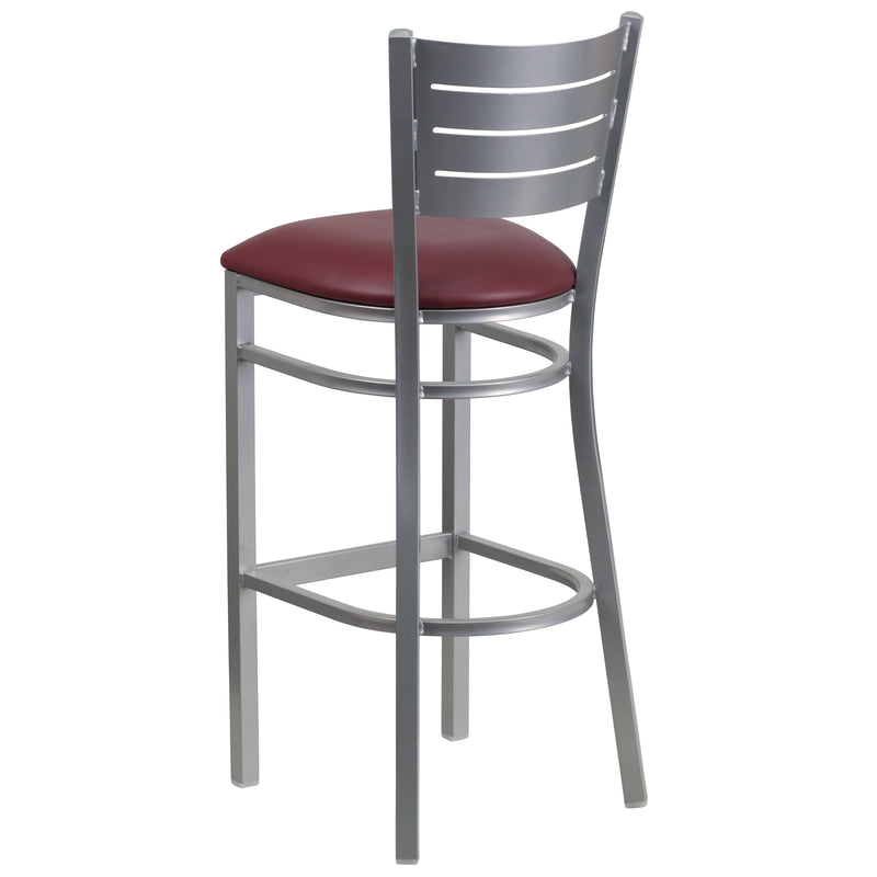 SINGLEWAVE Series Silver Slat Back Metal Restaurant Barstool - Burgundy Vinyl Seat