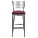 SINGLEWAVE Series Silver Slat Back Metal Restaurant Barstool - Burgundy Vinyl Seat