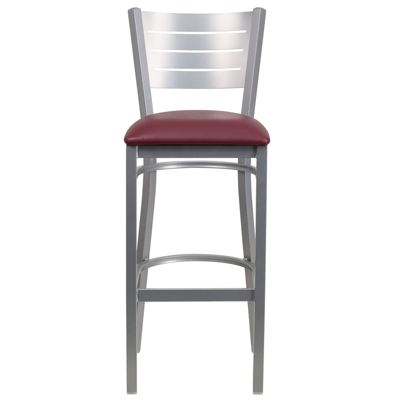 SINGLEWAVE Series Silver Slat Back Metal Restaurant Barstool - Burgundy Vinyl Seat