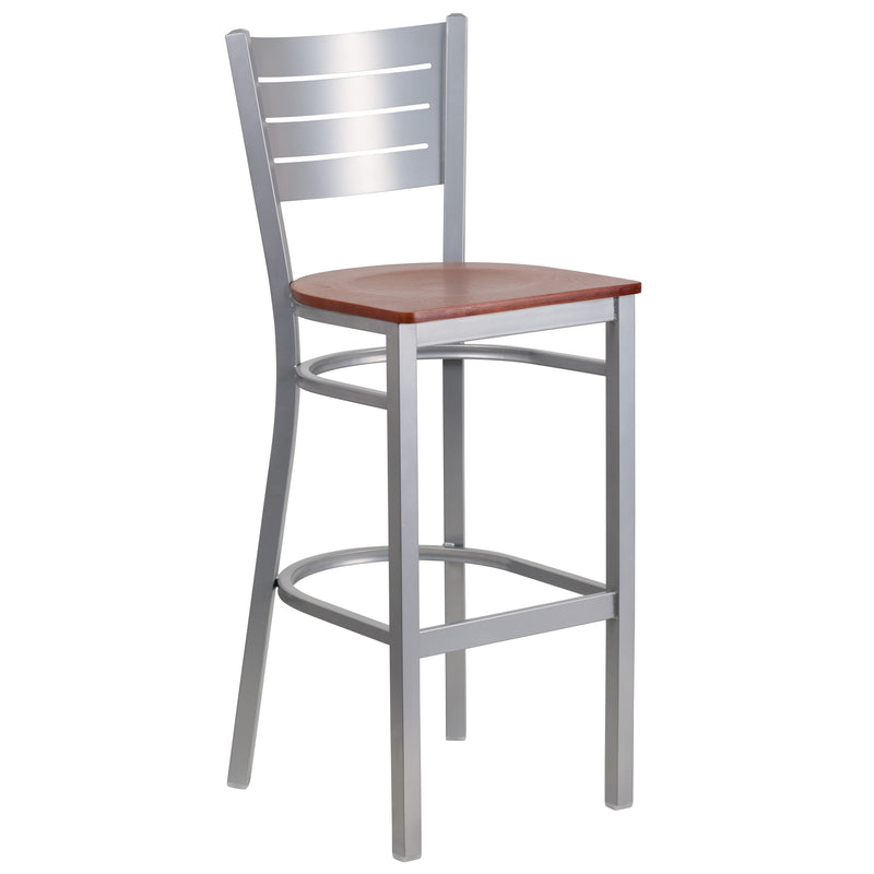 SINGLEWAVE Series Silver Slat Back Metal Restaurant Barstool - Cherry Wood Seat