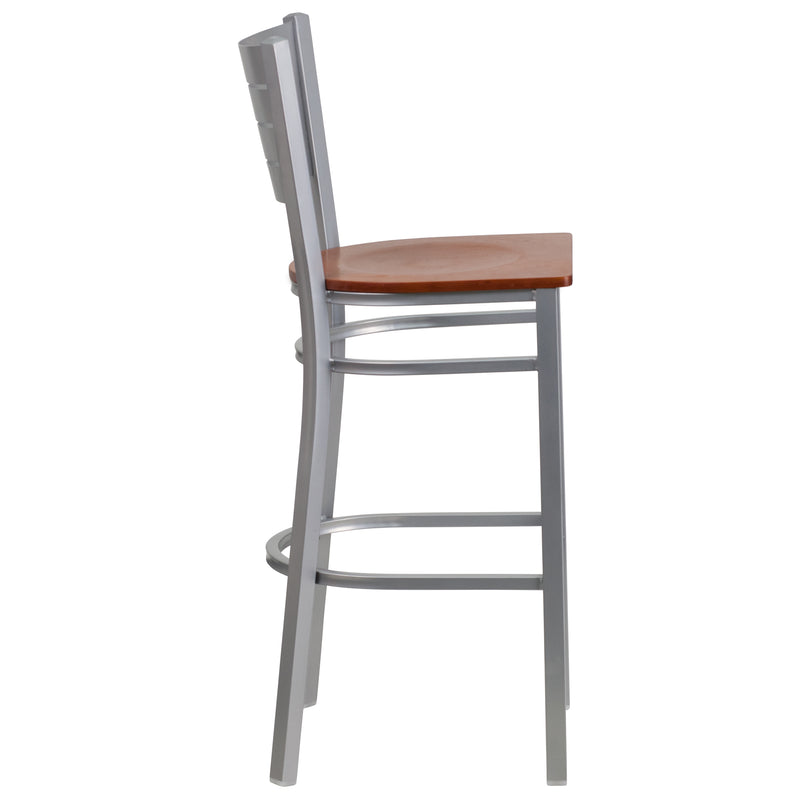 SINGLEWAVE Series Silver Slat Back Metal Restaurant Barstool - Cherry Wood Seat