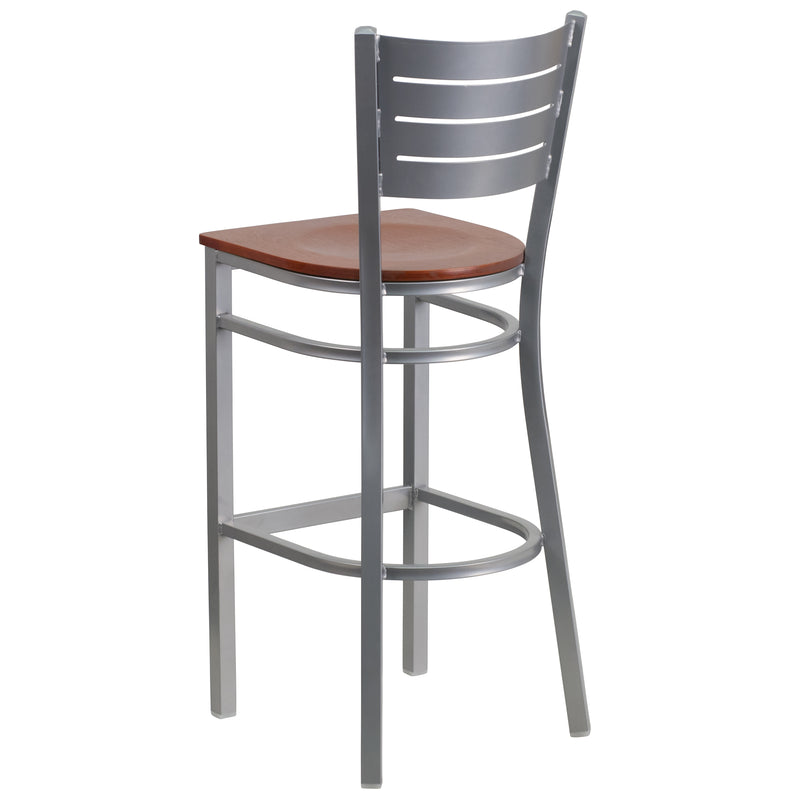 SINGLEWAVE Series Silver Slat Back Metal Restaurant Barstool - Cherry Wood Seat