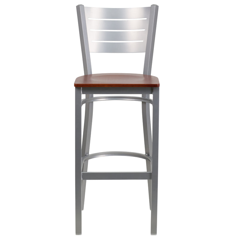 SINGLEWAVE Series Silver Slat Back Metal Restaurant Barstool - Cherry Wood Seat