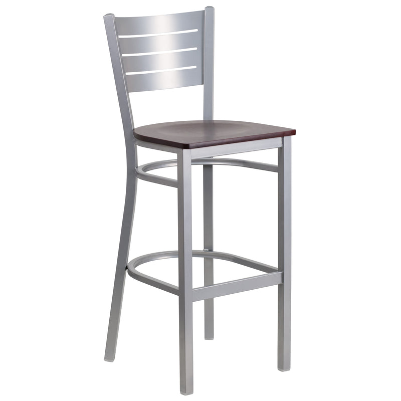 SINGLEWAVE Series Silver Slat Back Metal Restaurant Barstool - Mahogany Wood Seat