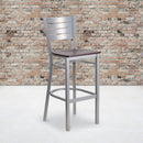 SINGLEWAVE Series Silver Slat Back Metal Restaurant Barstool - Mahogany Wood Seat