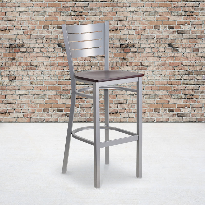 SINGLEWAVE Series Silver Slat Back Metal Restaurant Barstool - Mahogany Wood Seat