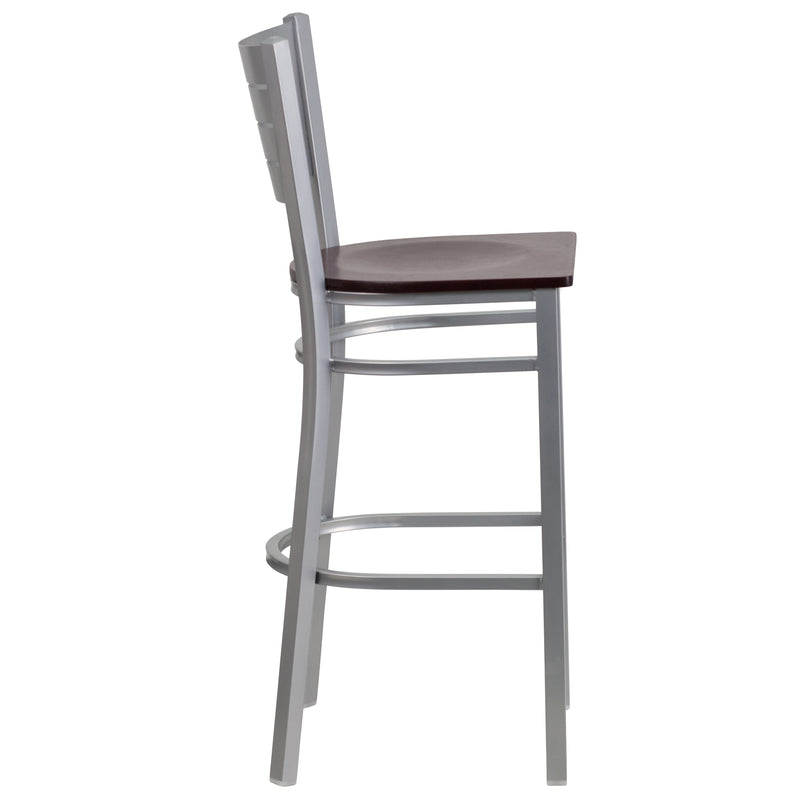 SINGLEWAVE Series Silver Slat Back Metal Restaurant Barstool - Mahogany Wood Seat