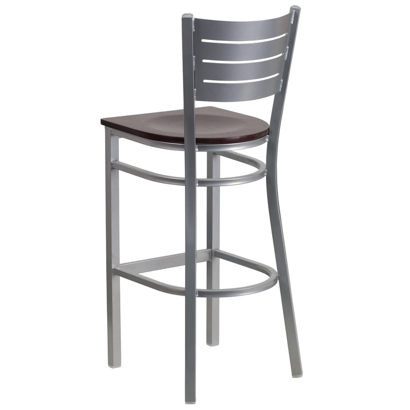 SINGLEWAVE Series Silver Slat Back Metal Restaurant Barstool - Mahogany Wood Seat