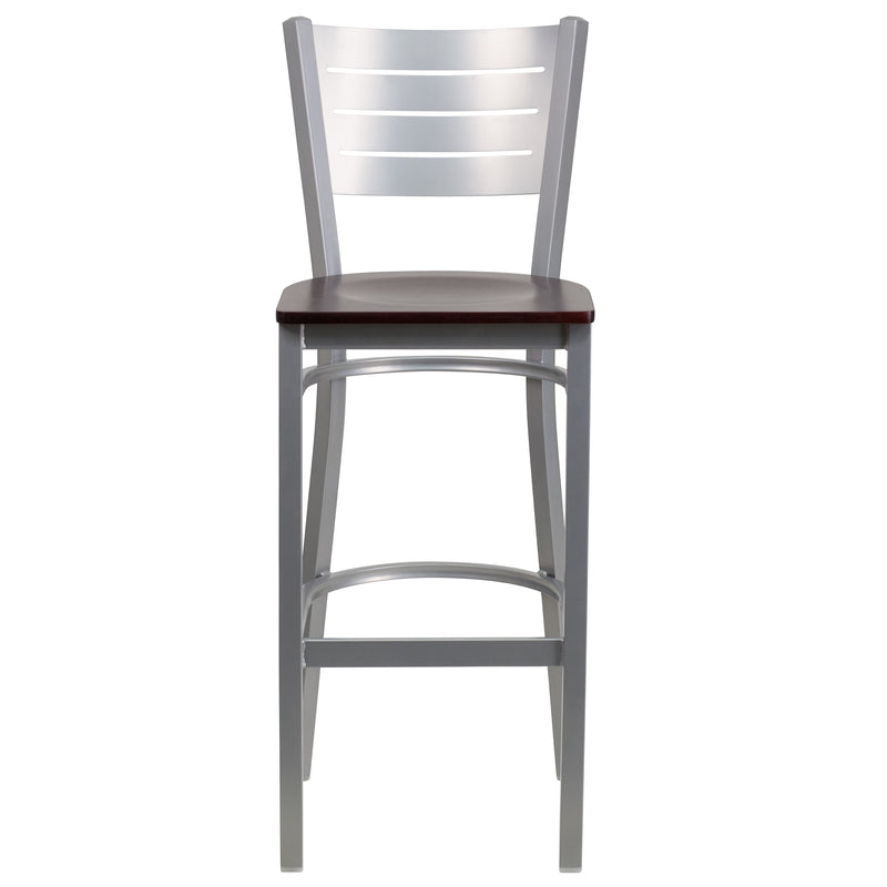 SINGLEWAVE Series Silver Slat Back Metal Restaurant Barstool - Mahogany Wood Seat