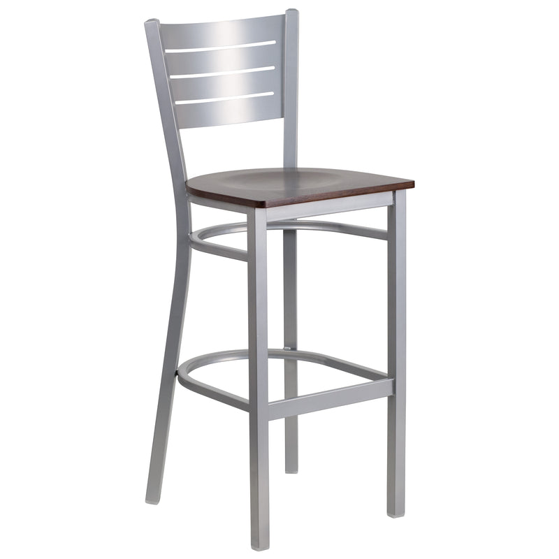 SINGLEWAVE Series Silver Slat Back Metal Restaurant Barstool - Walnut Wood Seat