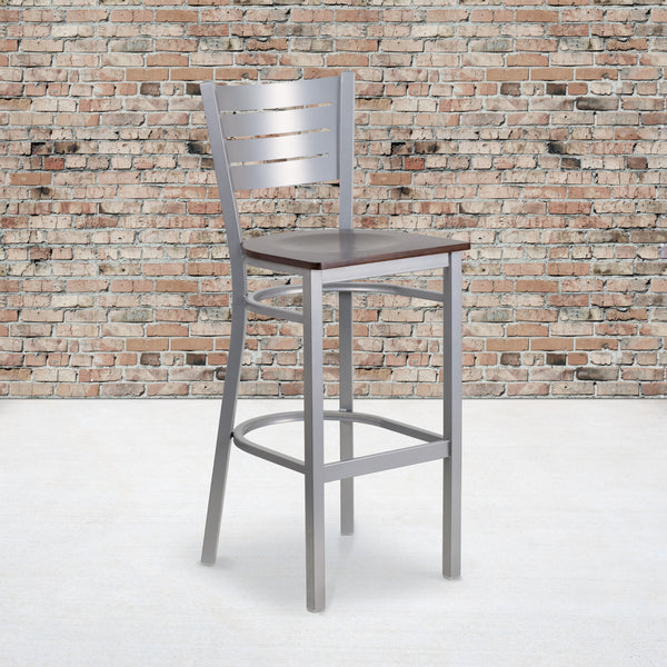 SINGLEWAVE Series Silver Slat Back Metal Restaurant Barstool - Walnut Wood Seat