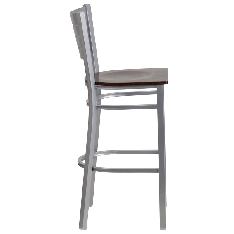 SINGLEWAVE Series Silver Slat Back Metal Restaurant Barstool - Walnut Wood Seat