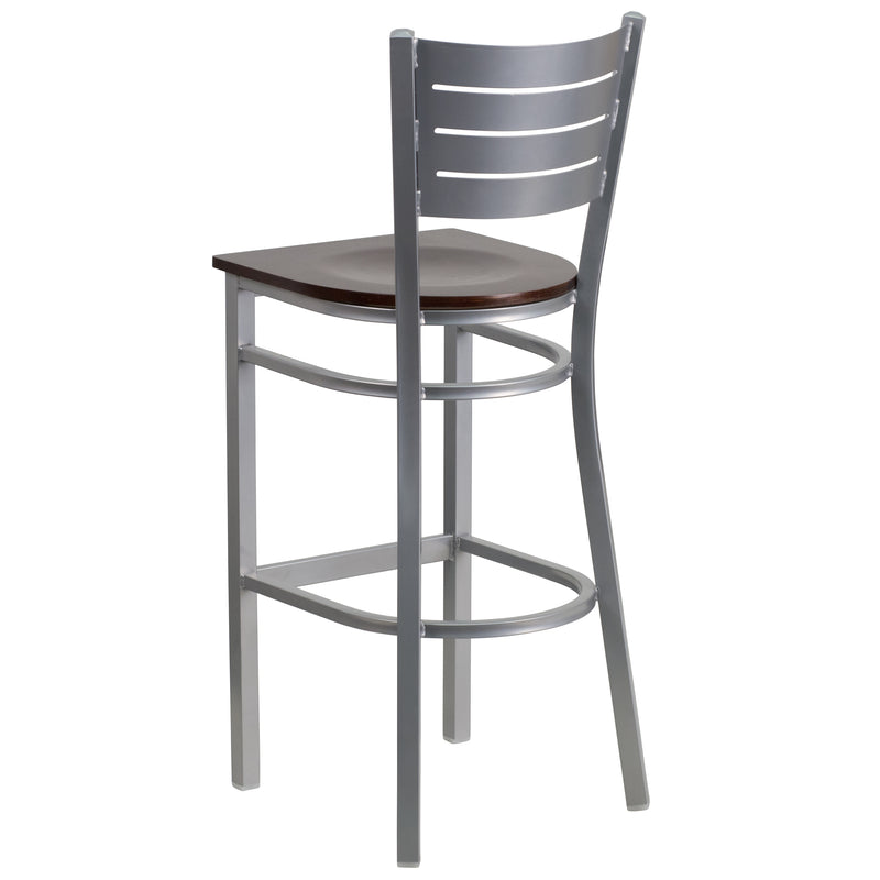 SINGLEWAVE Series Silver Slat Back Metal Restaurant Barstool - Walnut Wood Seat