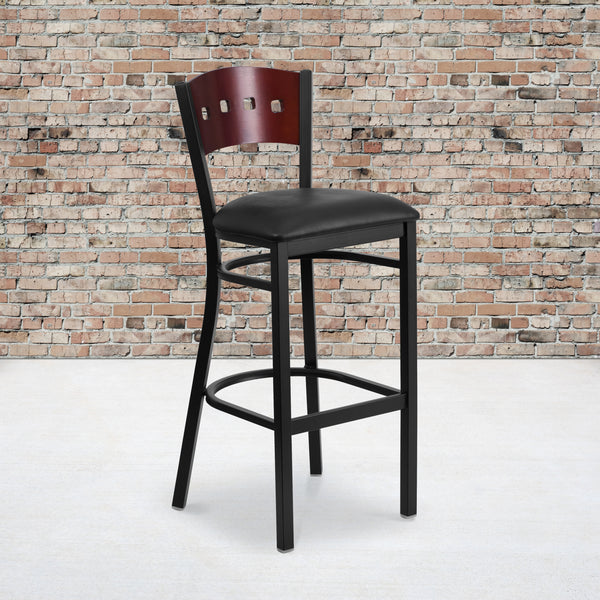 SINGLEWAVE Series Black 4 Square Back Metal Restaurant Barstool - Mahogany Wood Back, Black Vinyl Seat