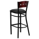 SINGLEWAVE Series Black 4 Square Back Metal Restaurant Barstool - Mahogany Wood Back, Black Vinyl Seat