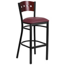 SINGLEWAVE Series Black 4 Square Back Metal Restaurant Barstool - Mahogany Wood Back, Burgundy Vinyl Seat