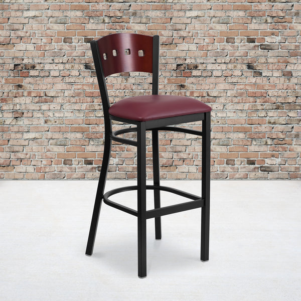 SINGLEWAVE Series Black 4 Square Back Metal Restaurant Barstool - Mahogany Wood Back, Burgundy Vinyl Seat