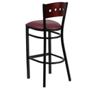 SINGLEWAVE Series Black 4 Square Back Metal Restaurant Barstool - Mahogany Wood Back, Burgundy Vinyl Seat