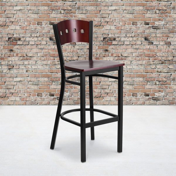 SINGLEWAVE Series Black 4 Square Back Metal Restaurant Barstool - Mahogany Wood Back & Seat