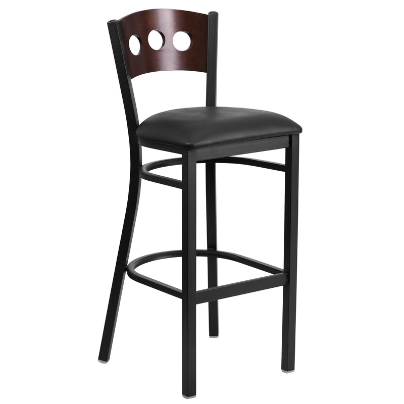 SINGLEWAVE Series Black 3 Circle Back Metal Restaurant Barstool - Walnut Wood Back, Black Vinyl Seat