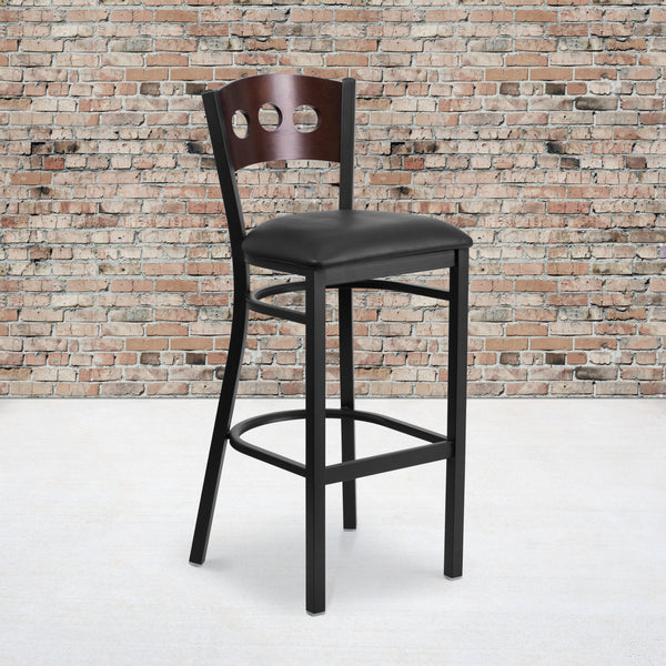 SINGLEWAVE Series Black 3 Circle Back Metal Restaurant Barstool - Walnut Wood Back, Black Vinyl Seat