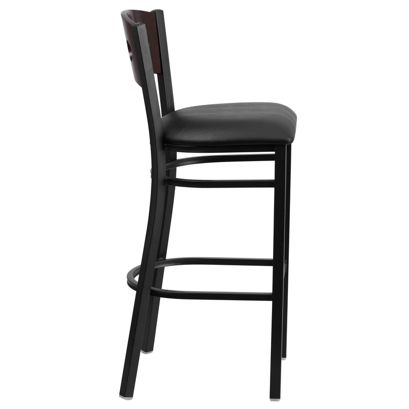 SINGLEWAVE Series Black 3 Circle Back Metal Restaurant Barstool - Walnut Wood Back, Black Vinyl Seat