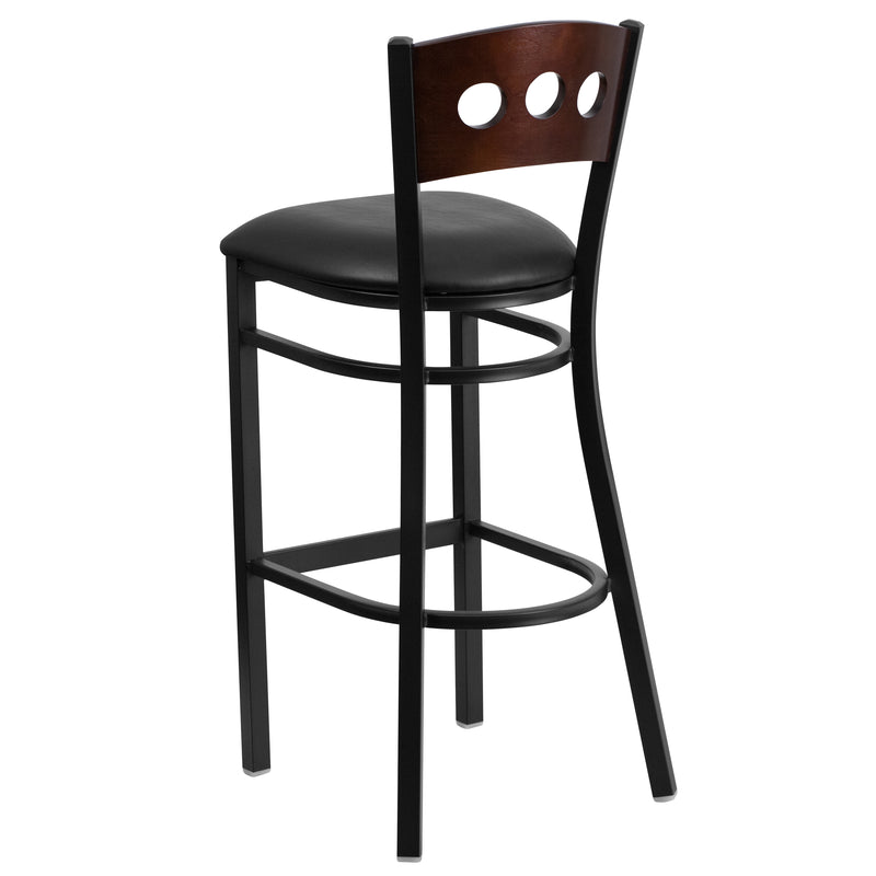 SINGLEWAVE Series Black 3 Circle Back Metal Restaurant Barstool - Walnut Wood Back, Black Vinyl Seat