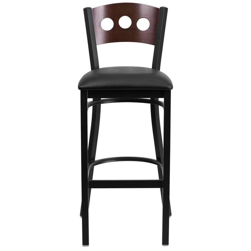 SINGLEWAVE Series Black 3 Circle Back Metal Restaurant Barstool - Walnut Wood Back, Black Vinyl Seat