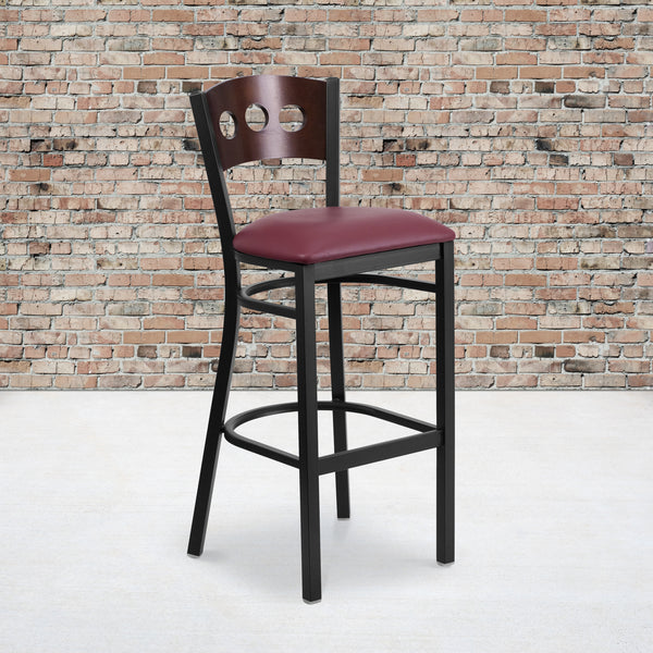 SINGLEWAVE Series Black 3 Circle Back Metal Restaurant Barstool - Walnut Wood Back, Burgundy Vinyl Seat