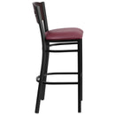 SINGLEWAVE Series Black 3 Circle Back Metal Restaurant Barstool - Walnut Wood Back, Burgundy Vinyl Seat