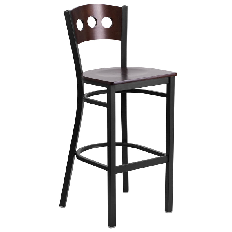 SINGLEWAVE Series Black 3 Circle Back Metal Restaurant Barstool - Walnut Wood Back & Seat