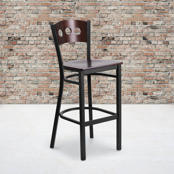 SINGLEWAVE Series Black 3 Circle Back Metal Restaurant Barstool - Walnut Wood Back & Seat