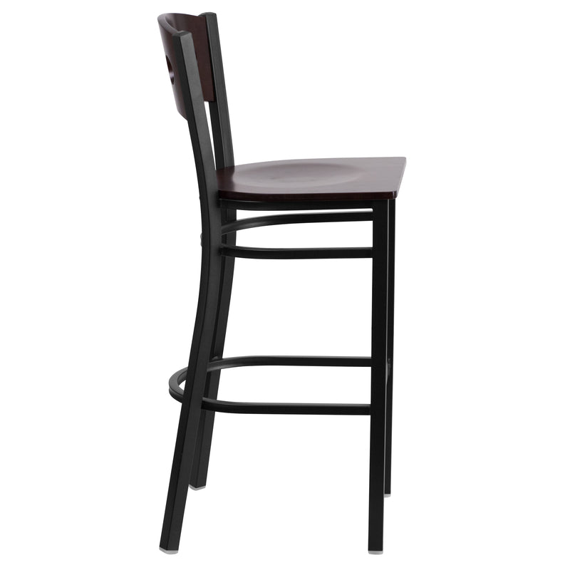 SINGLEWAVE Series Black 3 Circle Back Metal Restaurant Barstool - Walnut Wood Back & Seat