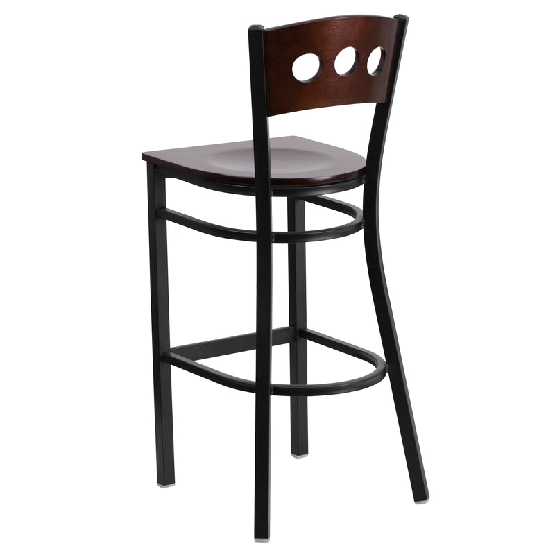 SINGLEWAVE Series Black 3 Circle Back Metal Restaurant Barstool - Walnut Wood Back & Seat