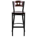 SINGLEWAVE Series Black 3 Circle Back Metal Restaurant Barstool - Walnut Wood Back & Seat