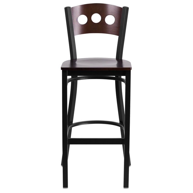 SINGLEWAVE Series Black 3 Circle Back Metal Restaurant Barstool - Walnut Wood Back & Seat