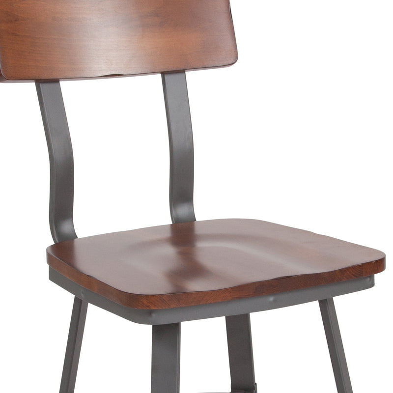 Flint Series Rustic Walnut Restaurant Chair with Wood Seat & Back and Gray Powder Coat Frame