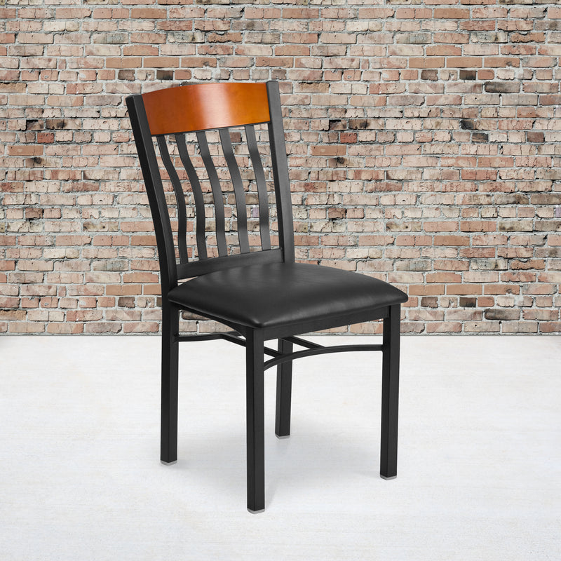 Eclipse Series Vertical Back Black Metal and Cherry Wood Restaurant Chair with Black Vinyl Seat