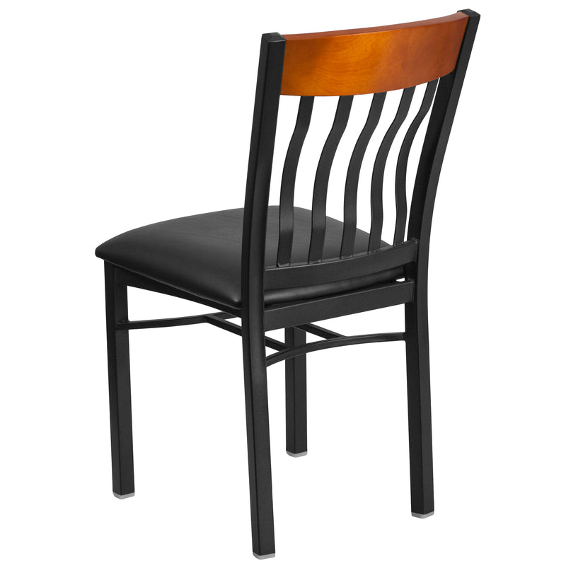 Eclipse Series Vertical Back Black Metal and Cherry Wood Restaurant Chair with Black Vinyl Seat