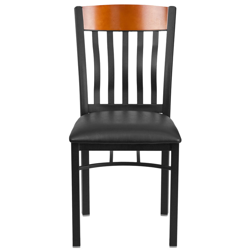 Eclipse Series Vertical Back Black Metal and Cherry Wood Restaurant Chair with Black Vinyl Seat