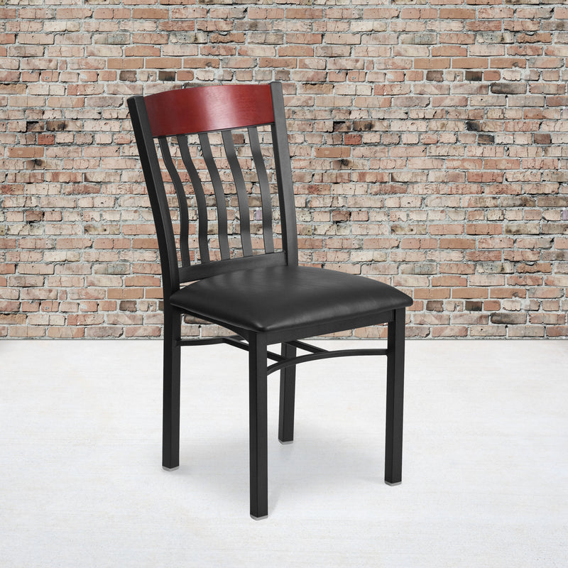 Eclipse Series Vertical Back Black Metal and Mahogany Wood Restaurant Chair with Black Vinyl Seat