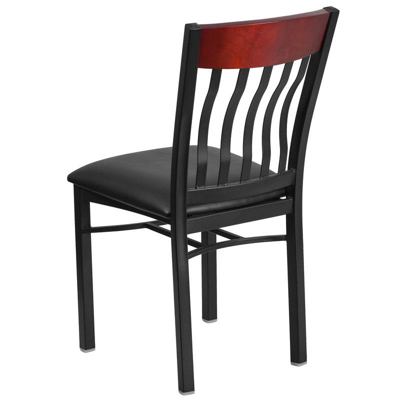 Eclipse Series Vertical Back Black Metal and Mahogany Wood Restaurant Chair with Black Vinyl Seat