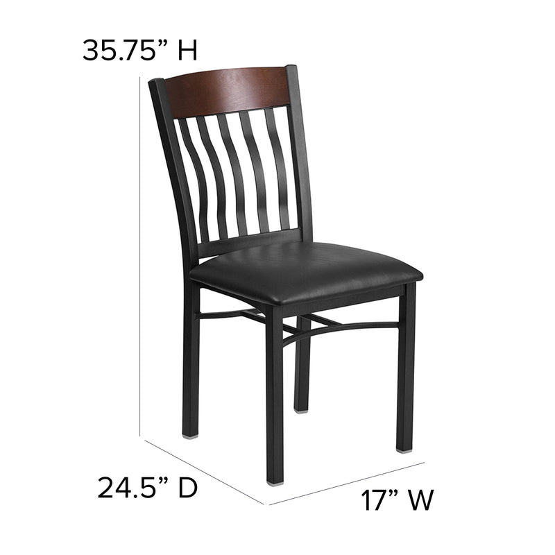 Eclipse Series Vertical Back Black Metal and Walnut Wood Restaurant Chair with Black Vinyl Seat